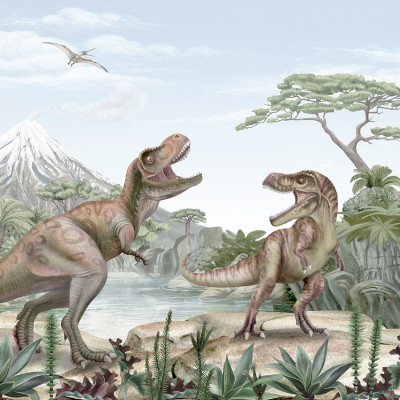 Tapet cu doi dinozauri T-Rex intr-o jungla luxurianta cu un vulcan in fundal