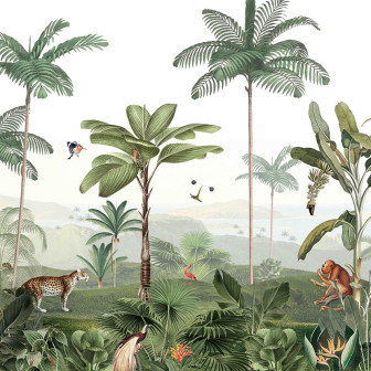 Tapet tropical cu palmieri, maimuțe și păsări