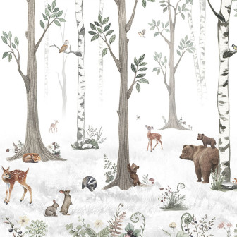 Tapet cu model de pădure albă cu copaci, animale și flori.