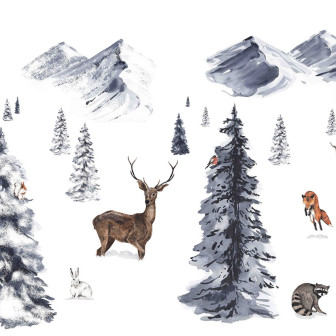 Tapet personalizat Winter Wonderland cu o padure fermecatoare de iarna, cu brazi, animale adorabile si munti inzapeziti.