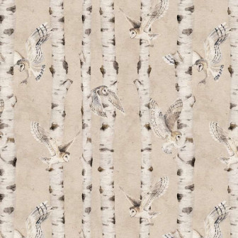 Tapet cu mesteacăn și bufnițe, decor bej