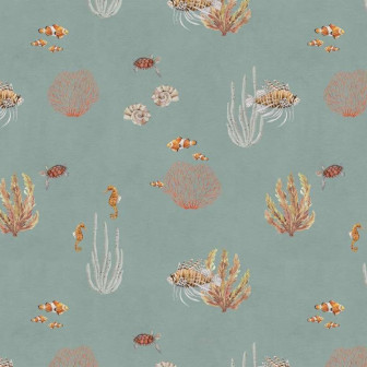 Tapet cu corali, pești și alte creaturi marine pe un fundal albastru