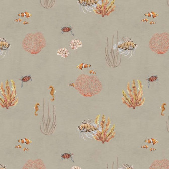 Tapet cu corali, pești și căluți de mare pe fundal maro