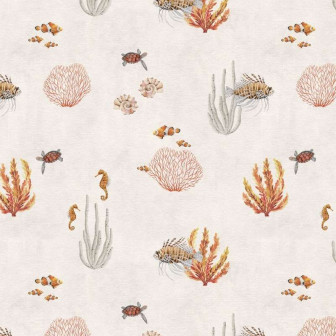 Tapet cu corali, caluti de mare si pesti exotici pe fond alb