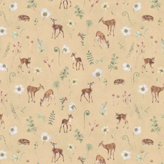 Tapet cu căprioare și flori pe fundal galben