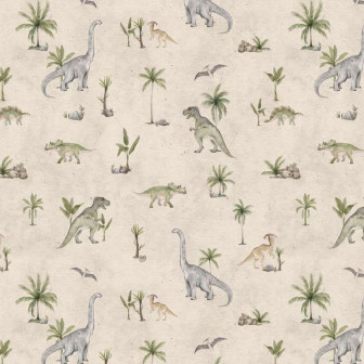 Tapet cu dinozauri și palmieri pe fundal nisipiu
