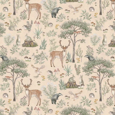 Tapet cu design de pădure și animale, nuanțe de bej