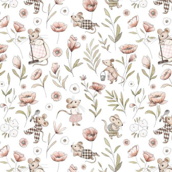 Tapet cu șoricei și flori pastelate pentru camera copiilor