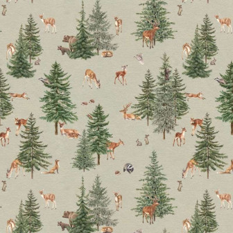 Tapet cu pădure de pini verzi, căprioare și alte animale