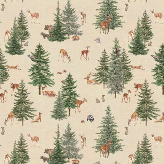 Tapet cu pădure de pini și animale sălbatice pe fundal nisipiu