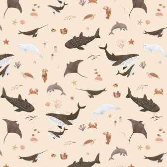 Tapet bej cu motive marine - balene, delfini, stele de mare