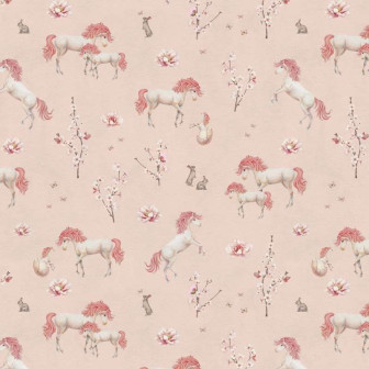 Tapet cu unicorni roz și flori delicate într-o cameră de copii