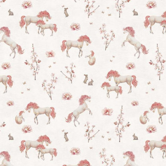 Tapet cu unicorni albi și detalii florale roz