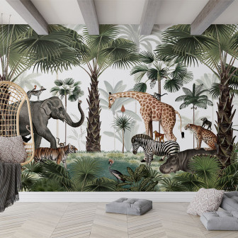 Tapet personalizat Animal Kingdom, cu imagini spectaculoase cu animale din jungla, palmieri si o atmosfera fascinanta.