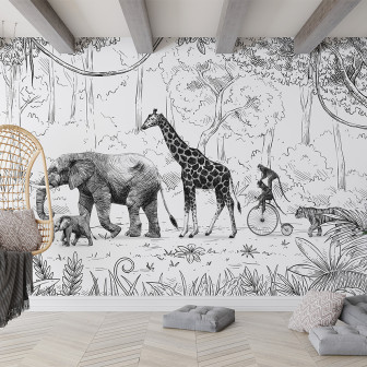 Tapet cu paradă de animale în tonuri de negru și alb. Designul prezintă o girafă, un elefant, un tigru și maimuțe pe bicicletă în pădure.