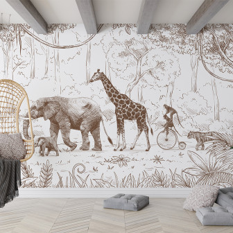 Tapet personalizat Animal Parade - Brown cu desen delicat de animale din junglă