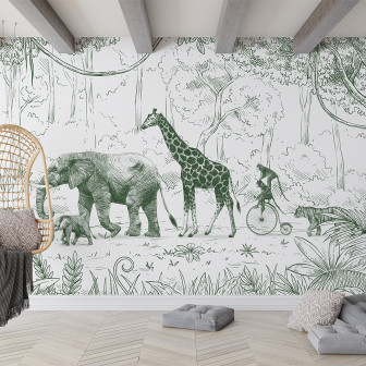 Desen  de junglă verde cu animale - Animal Parade - Green