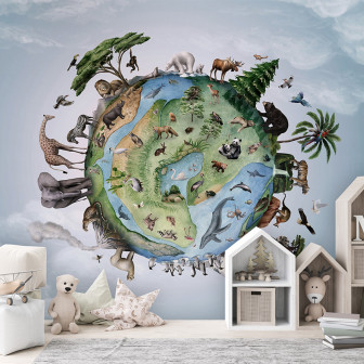 Tapet cu animale din întreaga lume, pe fundalul Pământului. Tapetul prezintă o varietate de animale din diferite ecosisteme.