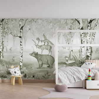 Tapet personalizat "Bear King - Green", design pictat în acuarelă, cu un urs, un cerb, un vulpe și un iepure, înconjurați de copaci.