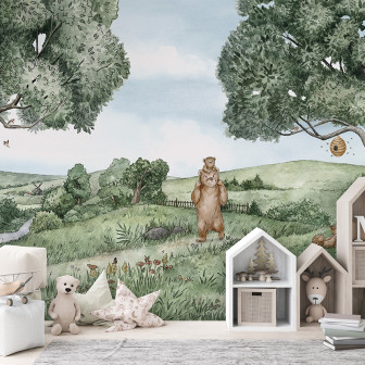 Tapet cu urși și albine într-un peisaj verde