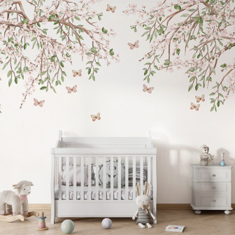 Tapet personalizat cu o ramură de cireș înflorită și fluturi.