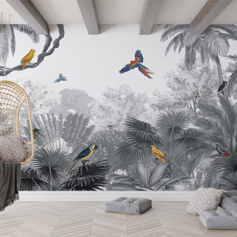 Tapet personalizat Canopy Jungle - Black and White, cu un design modern care prezintă o junglă luxuriantă în nuanțe de gri și alb, cu papagali viu colorați.