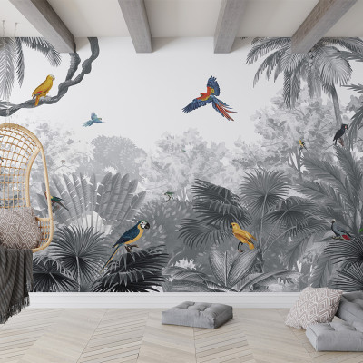 Tapet personalizat Canopy Jungle - Black and White, cu un design modern care prezintă o junglă luxuriantă în nuanțe de gri și alb, cu papagali viu colorați.