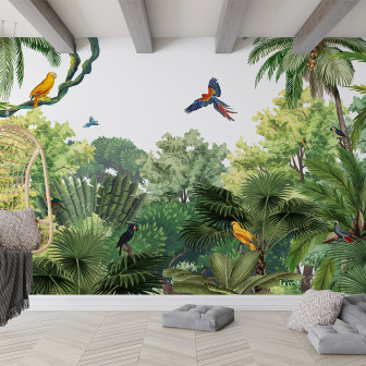 Tapet personalizat cu design exotic Canopy Jungle, care prezintă o pădure tropicală luxuriantă, cu palmieri înalți, vegetație bogată și păsări colorate.