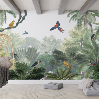 Tapet Canopy Jungle - Natural cu palmieri, păsări și o atmosferă exotică.