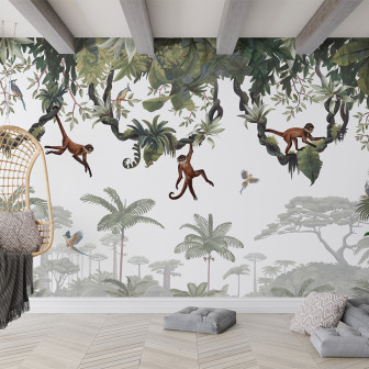 Tapet cu maimuțe jucause, păsări exotice și vegetație luxuriantă, perfect pentru a aduce o atmosferă tropicală în orice cameră.
