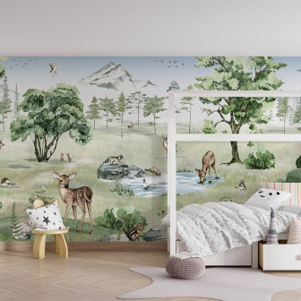 Tapet personalizat Deer Forest - Summer, cu un design inspirat din natură, cu animale simpatice într-o pădure verde.