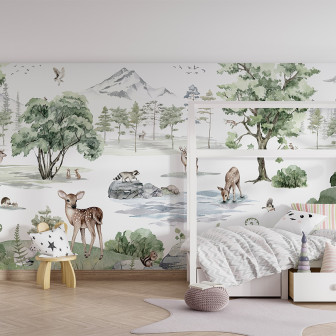 Wallpaper cu o pădure de iarnă cu cerb și animale drăguțe