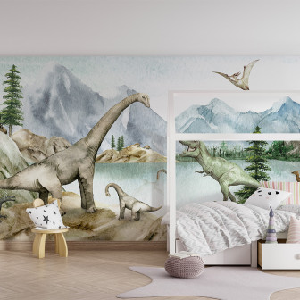 Tapet cu dinozauri și munți în culori pastelate