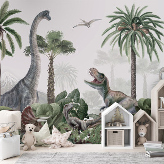 Fototapet cu dinozauri și palmieri într-o cameră de copii