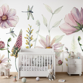 Tapet floral cu flori delicate și libelule, pictate cu acuarele, pe fundal alb.