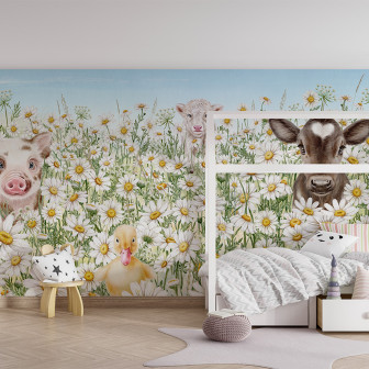 Tapet personalizat Fantastic Forest - Bej cu animale drăguțe într-o pădure de margarete