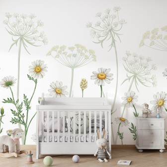 Wallpaper cu margarete albe și flori galbene, perfect pentru dormitor sau living