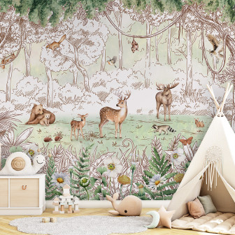 Fototapet cu animale din pădure și flori de primăvară