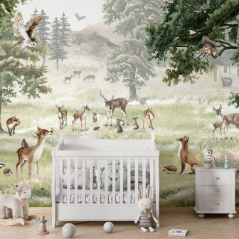 Tapet cu animale din pădure, inclusiv cerbi, vulpi, veverițe, bufnițe și alte animale, ideal pentru camera copilului