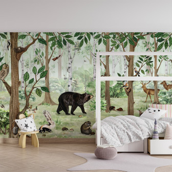 Tapet personalizat Forest Lookbook cu imagini cu animale sălbatice într-o pădure verde
