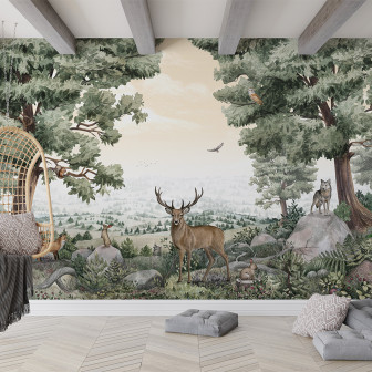 Tapet cu design inspirat din natură, Forest Vista, cu o panoramă uluitoare a pădurii, copaci, animale sălbatice și o atmosferă relaxantă.
