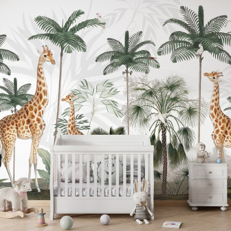 Tapet cu girafe grațioase și palmieri tropicali, perfect pentru camera copilului