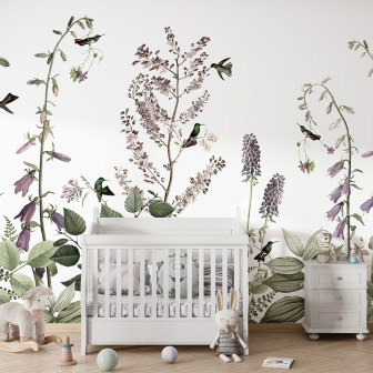Tapet cu colibe și flori pentru camera copilului