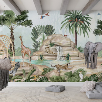 Tapet cu design de junglă luxuriantă, cu animale sălbatice
