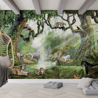 Tapet Jungle Cats cu elefanți, tigri, leoparzi, maimuțe și păsări tropicale într-o junglă luxuriantă.