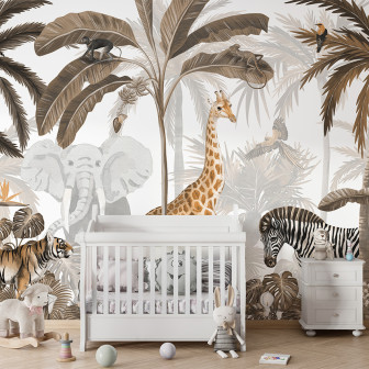 Personalizat Jungle Jive - Sepia cu imagini de animale din junglă, cum ar fi girafe, elefanți, zebre și tigri, printre palmieri și frunze luxuriante.