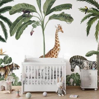 Tapet cu tematică junglă, cu o girafa, zebre, un tigru, maimuțe și o mulțime de verdeață.