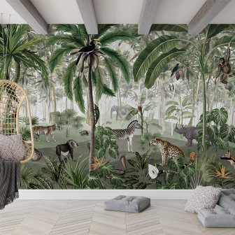 Tapet cu design jungle, cu palmieri, animale sălbatice și o ambianță exotică