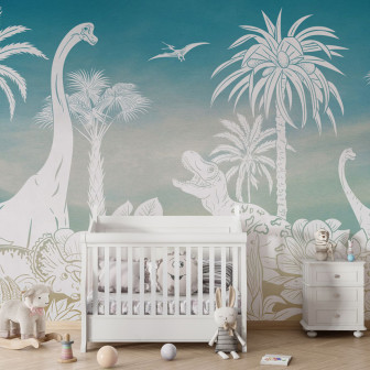 Tapet cu dinozauri albi pe un fundal bleu, pentru camera copilului.