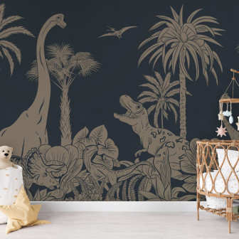 Tapet camera copil cu dinozauri - Monocrom Albastru Vintage